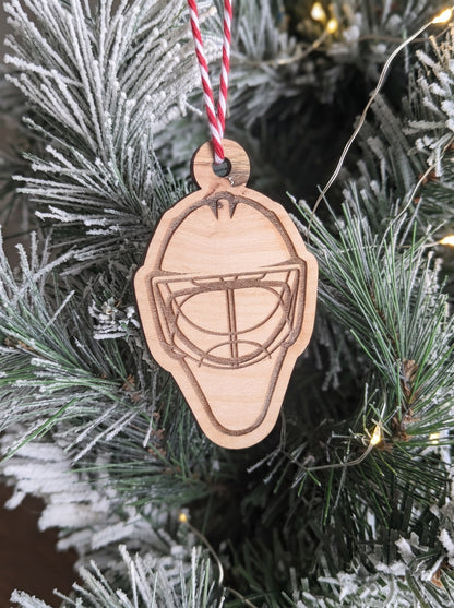 Engraved wooden hockey goalie mask ornament