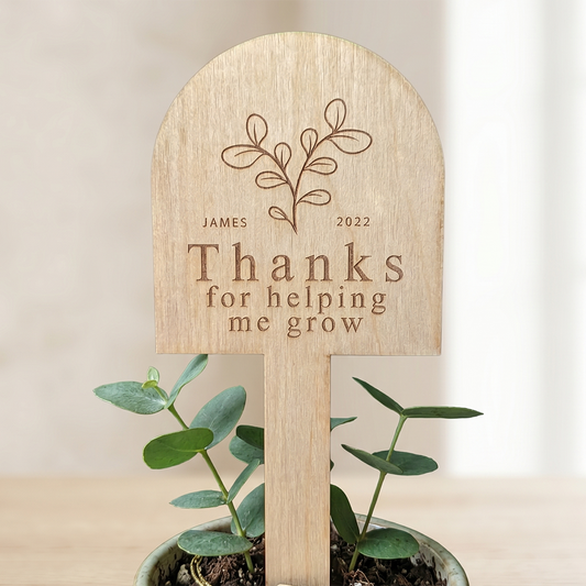 Wooden plant stake with engraved message and plant on a neutral background