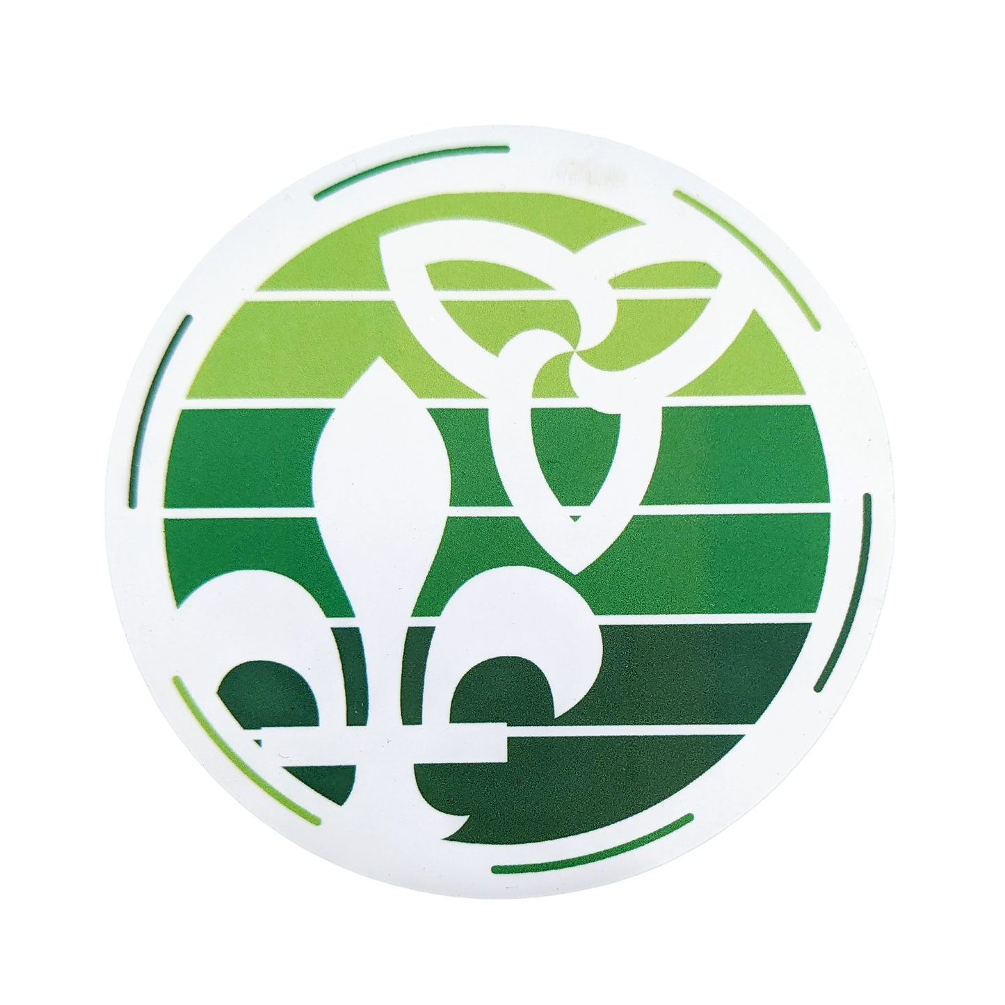 gradient green shade striped cirlce design including a trillium and fleur de lys