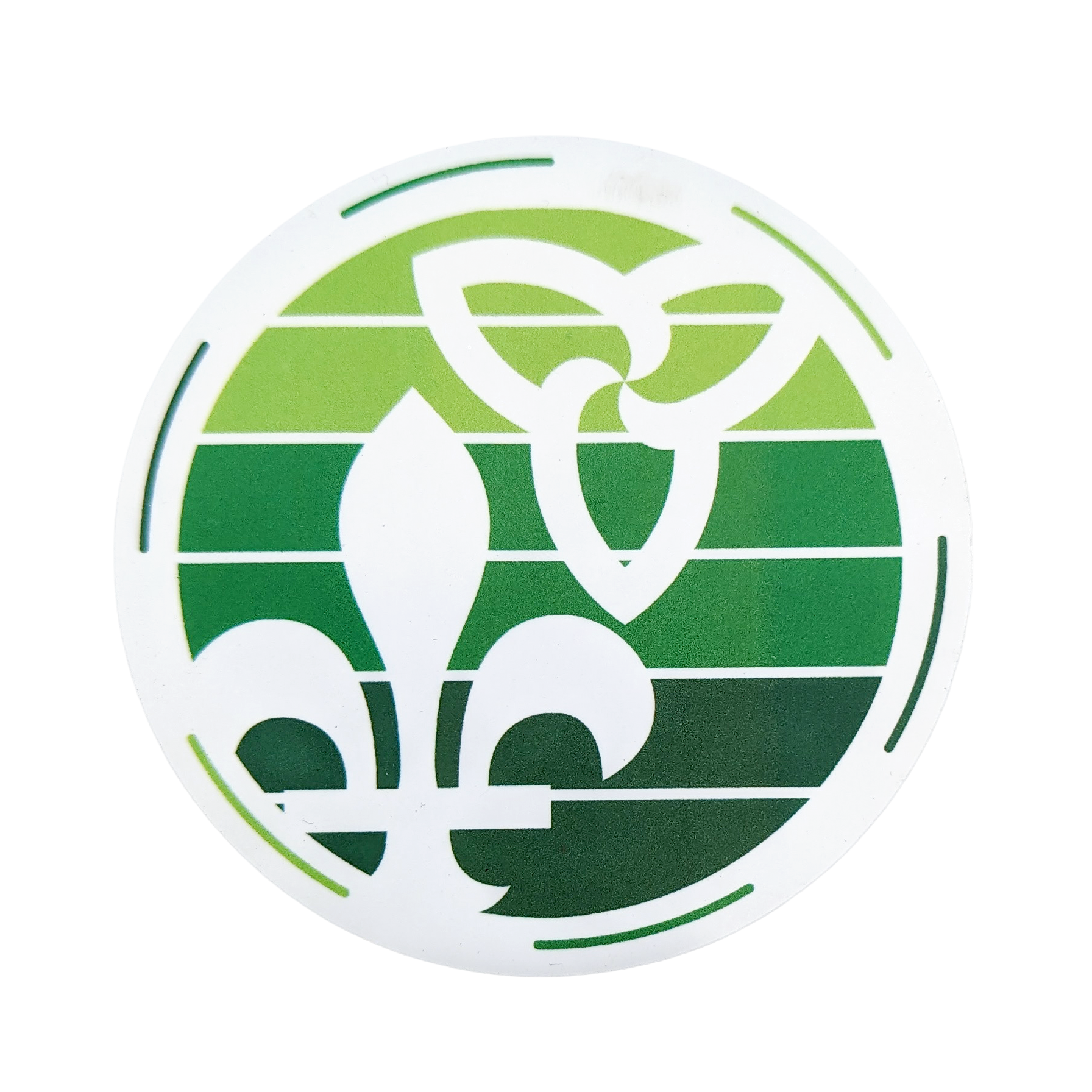 gradient green shade striped cirlce design including a trillium and fleur de lys