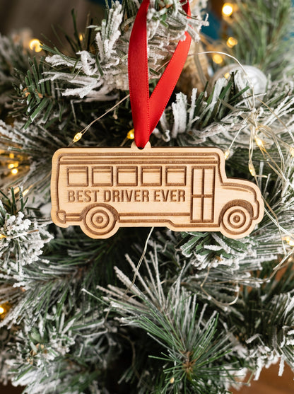 Wooden school bus ornament engraved Best Driver Ever