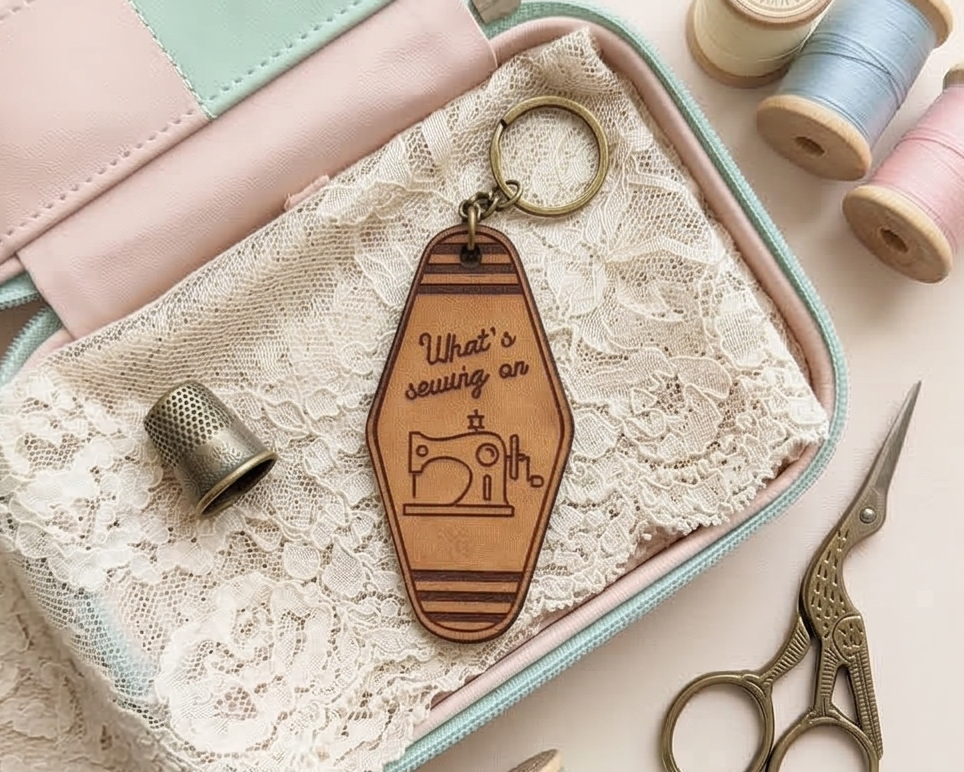 Leather keychain with 'What's sewing on' design on a lace surface with sewing tools.