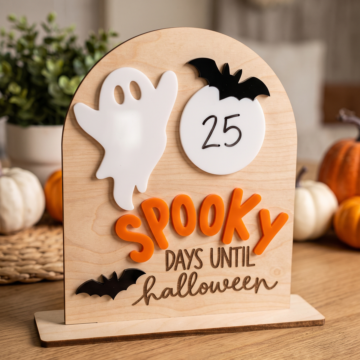 A wooden Halloween countdown plaque on a tabletop, featuring a white ghost, a white pumpkin with a dry erase number orange 'Spooky' lettering, and brown 'Days until Halloween' script. The background shows blurred pumpkins and plants.