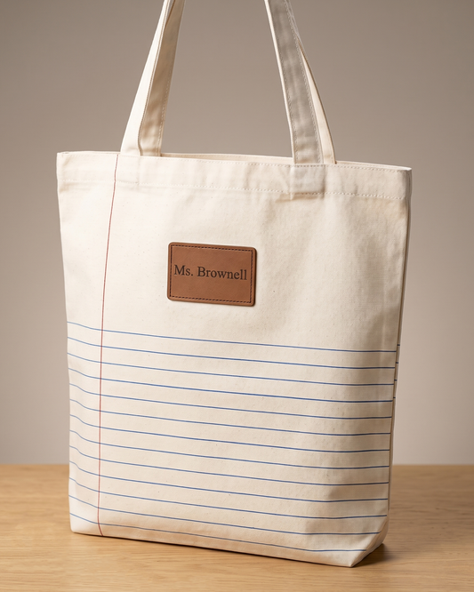 Beige paperlined  tote bag with brown leather patch engraved with a name on a wooden surface