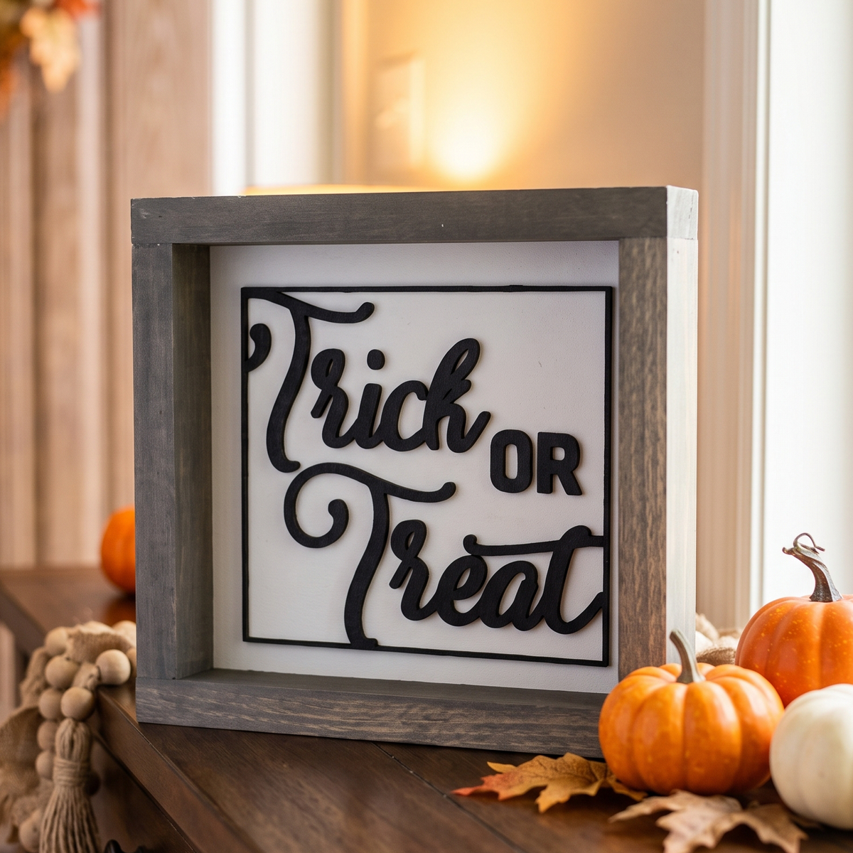 Panneau en bois encadré « Trick or Treat » | Décoration murale et d'étagère pour Halloween