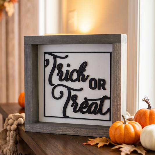 Trick or Treat Framed Wood Sign | Halloween Wall & Shelf Decor 8x8