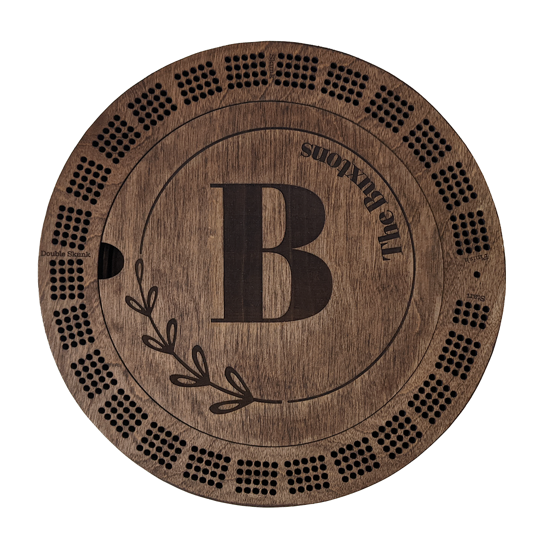 Custom Engraved Round Cribbage Board – Laurels – made by Cabin Design Co. in Cornwall, Ontario
