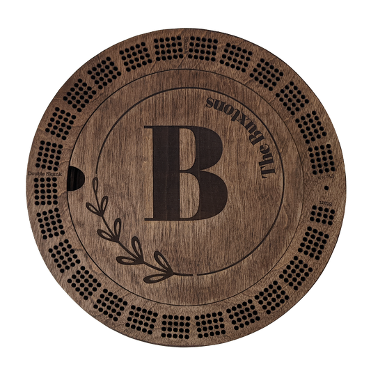 Custom Engraved Round Cribbage Board – Laurels – made by Cabin Design Co. in Cornwall, Ontario