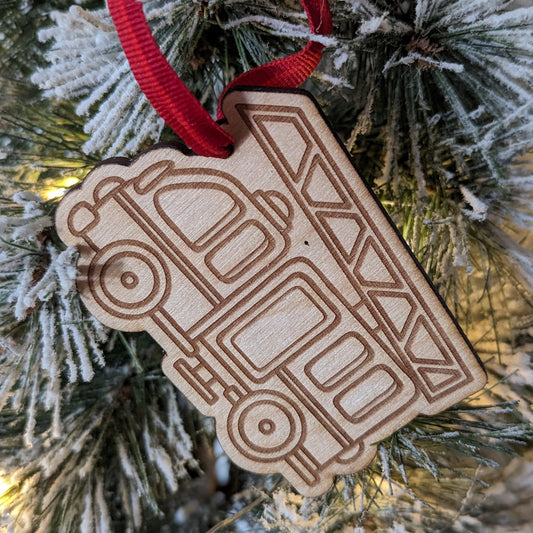 wood engraved firetruck ornament